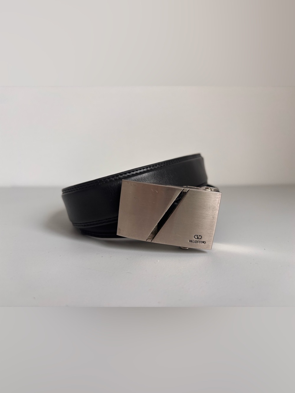 Valentino Black Leather Belt with Brushed Silver Diagonal-Accent Buckle